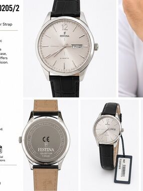 Men's Silver Dial Quartz Watch with Black Leather Strap